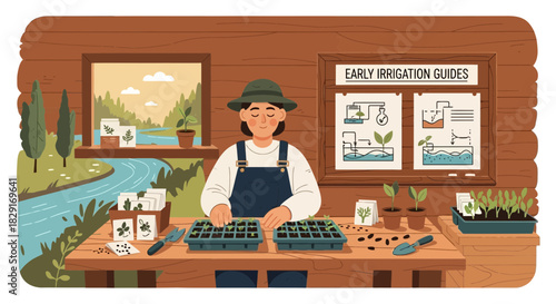 Focused gardener planting seeds indoors near river with irrigation knowledge