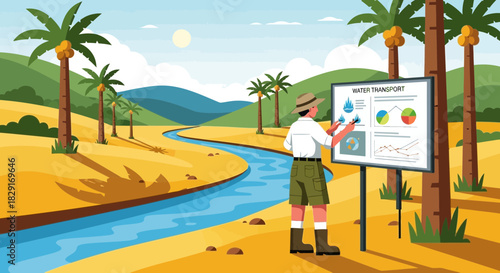Infographic explanation of the water cycle, ecosystem illustration with palm trees