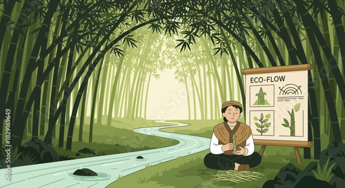 Meditative eco-conscious individual amidst a tranquil bamboo forest setting