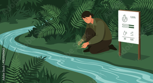 Checking indicators of environmental conditions in a lush jungle stream ecosystem