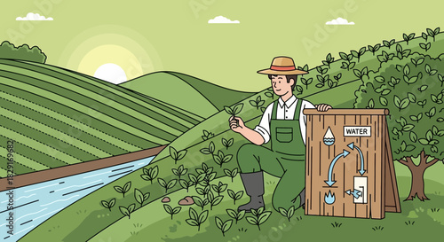Farmer Inspecting Crops Near Water Recycling System in a Green Landscape