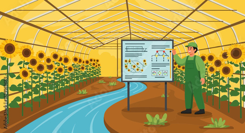 Scientist Analyzing Sunflower Growth Data Inside Modern Greenhouse Environment