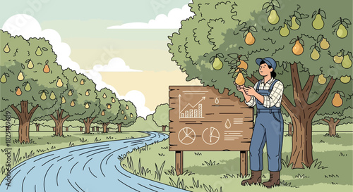 Orchard economics: A modern farmer analysing data in pear orchard backdrop