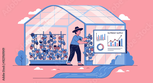 Illustrated modern greenhouse with data insights and a gardener overseeing plants