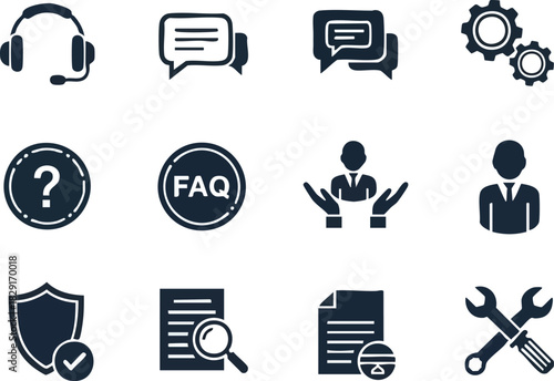 Customer Service Support Icons Contact Us, FAQ, Help Desk, Repair Services