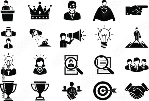 Business Success Icons Set - Black and White Achievement Symbols