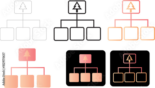 Flat minimalist hierarchical structure infographic featuring a tree symbol with linked boxes, designed with modern gradients and various styles for business organization charts