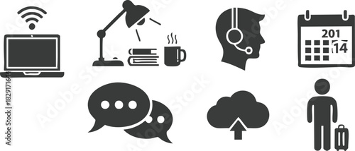 Work From Home Icon Set Depicting Remote Work and Productivity