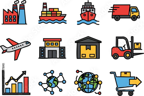 Colorful Vector Icons Representing Global Logistics, Trade, and Transportation