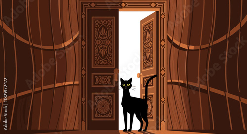 A sleek black cat stands in a doorway, looking out with curiosity, framed by ornate wooden doors.