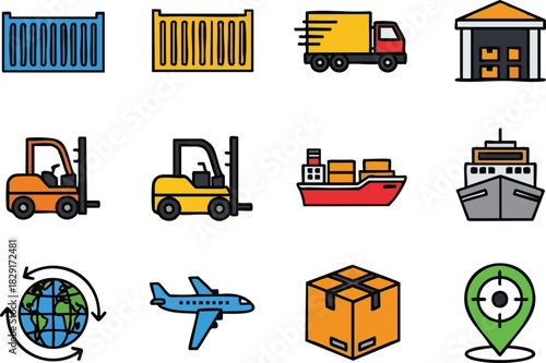 Global Logistics Icons Shipping, Transportation, and Delivery Services