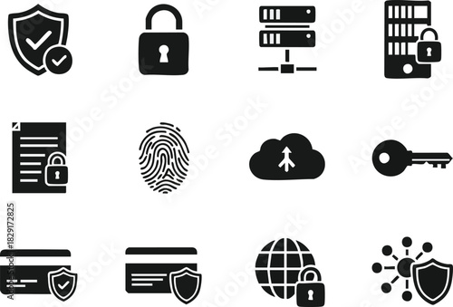 Collection of Flat Icons Symbolizing Network Security and Data Protection