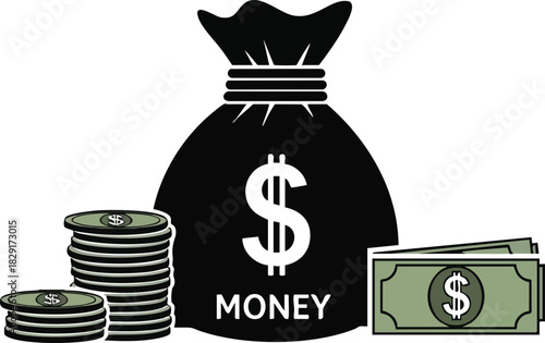 Money Bag Icon with Dollar Sign and Stack of Coins Illustration