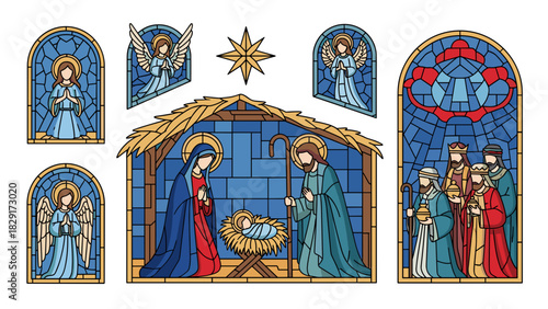 Beautiful stained glass Nativity scene with Holy Family, angels, and wise men celebrating Christmas