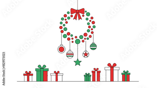 Elegant Christmas wreath and gift boxes create a festive holiday celebration display