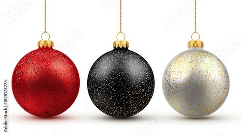 Red Black and Silver Christmas Ornaments Glittering Against White Background
