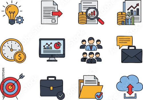 Business Icons Idea, Documents, Teamwork, and Finance
