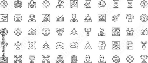 Business icons, finance symbols, analytics tools, pie chart, bar chart, gears, dollar sign, speech bubble, document, organization