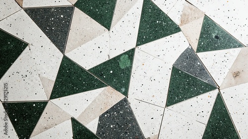 A collection of modern interior design scenes featuring terrazzo tiles with triangular green accents, wooden elements, and plants. Ideal for architectural visualization and decor concepts.