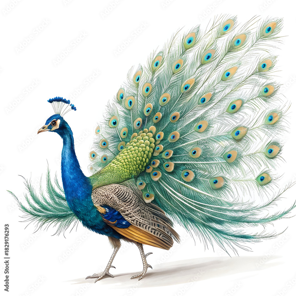 Fototapeta premium majestic peacock displaying vibrant plumage on white