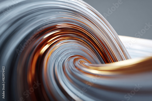 A close up view of a swirling vortex of metallic ribbons in bronze and silver tones