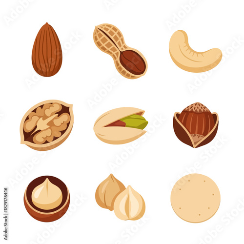 Nut and Seed Icons Including Almonds, Peanuts, Cashews, Pistachios, Walnuts, and Mixed Nuts