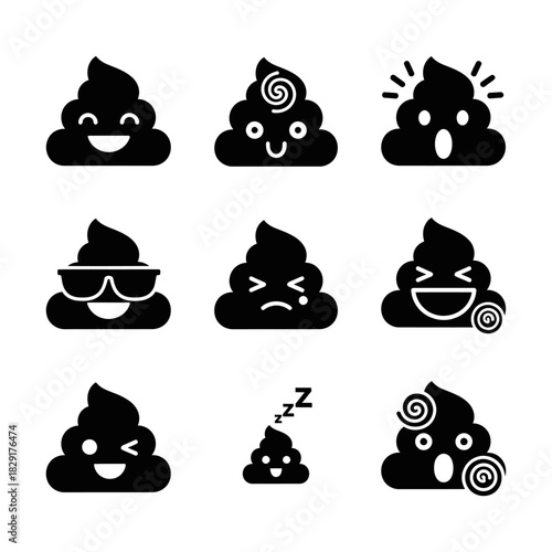 Poop Emoji Silhouette Icons with Sunglasses, Sleepy Faces, and Funny Expressions