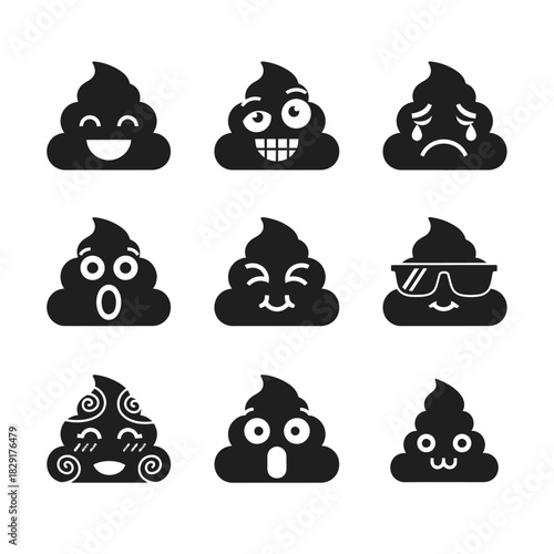 Black Poop Emoji Icons with Various Facial Expressions and Emotional Reactions