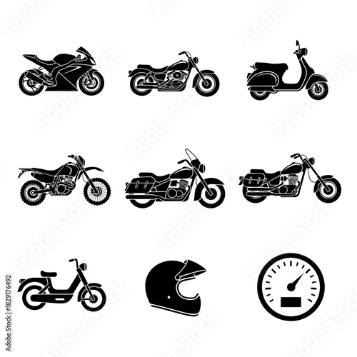 Motorcycle Silhouette Icons Featuring Cruisers, Choppers, and Classic Motorbikes