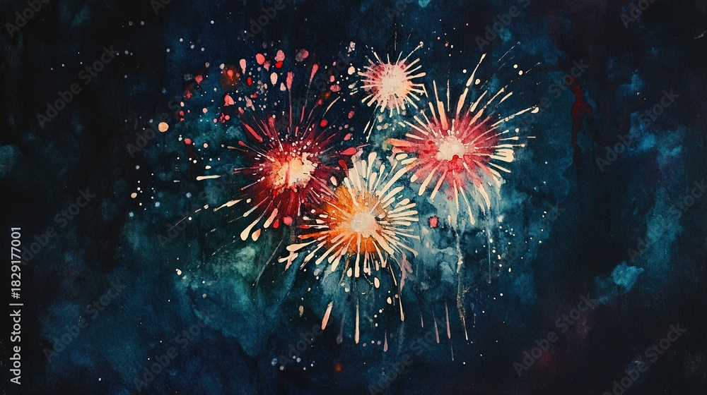 Fototapeta premium An artistic, watercolor-style depiction of colorful fireworks exploding against a dark midnight sky. Perfect for celebrations like New Year's Eve, holidays, and festive digital art.
