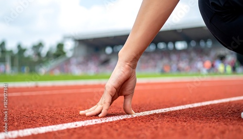 陸上競技場のスタートラインで競技開始を待つ女性選手の引き締まった腕と手