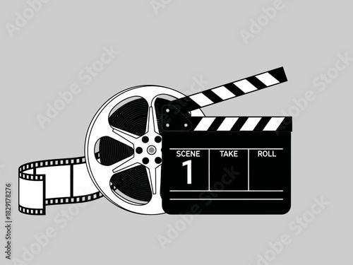 Film Reel and Clapperboard Illustration for Movie Production.