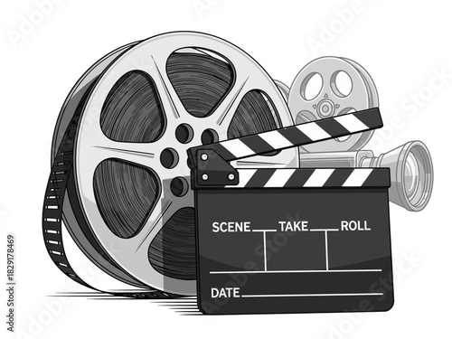Film Reel Clapperboard and Vintage Movie Camera Illustration.