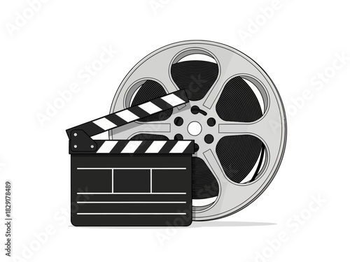 Film Reel and Clapperboard Illustration: Movie Making Equipment.