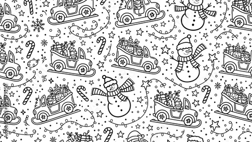 Seamless pattern with Christmas cars, snowmen, candy canes, stars, and snowflakes on a white background.