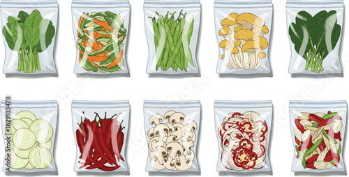 Fresh vegetables, meal prep bags, sliced produce, kitchen organization, healthy cooking, food storage, chili peppers, mushrooms, spinach, onions