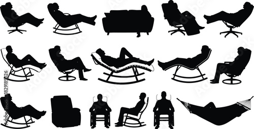 Relaxing people silhouettes, diverse seating, rocking chairs, comfortable recliners, hammock, leisure, rest, peaceful time, stress-free lifestyle, black vector collection..eps