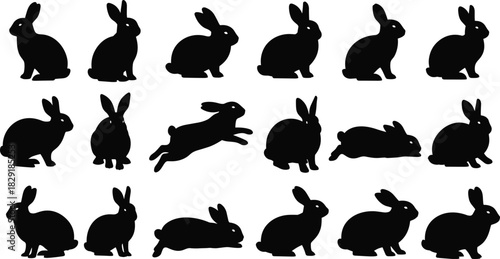 Set of black rabbit and hare silhouettes in various poses, featuring sitting, running, and jumping actions, symbolizing Easter, animal pets, nature, and wild mammal vector collection, isolated on whit