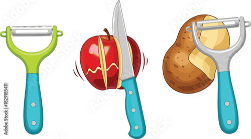 Kitchen tools illustration, vegetable peeler, apple slicing, potato peeling, food prep, cartoon style, cooking action, healthy eating, kitchen utensils, fruit cutting, culinary scene