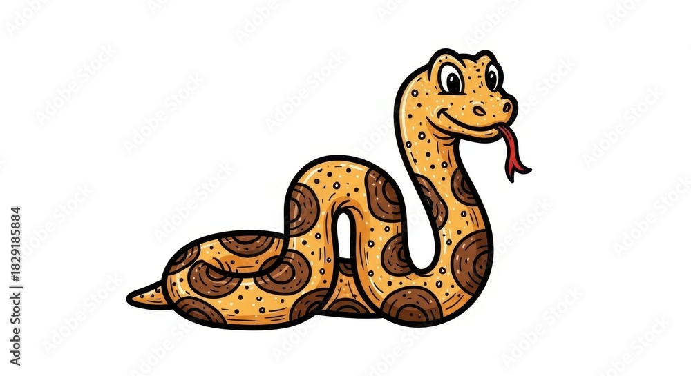 Naklejka premium Cartoon Illustration of a Smiling Snake with Spotted Pattern and Red Tongue on White Background a