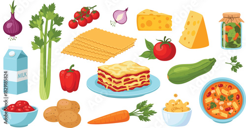 Lasagna ingredients illustration, Italian cuisine, fresh vegetables, pasta, cheese, tomato sauce, cooking essentials, food prep, homemade meal