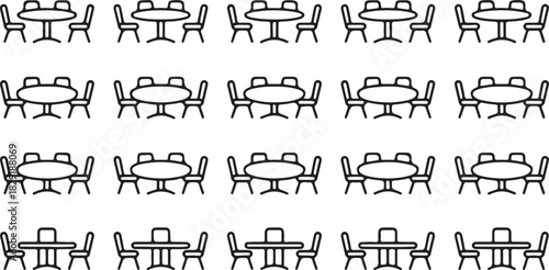 Different isometric tables with chairs or stools, perfect for cafes, bars and restaurants