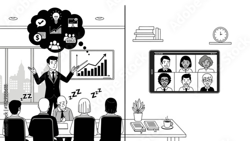 Online versus Offline Meetings Black and White Illustration