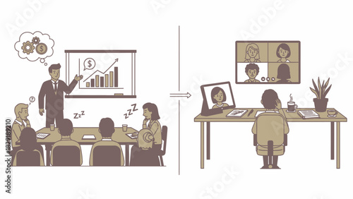 Business Evolution From Conference To Remote Online Meetings Illustration