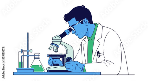 Scientist examining sample through microscope, conducting research and analysis in lab