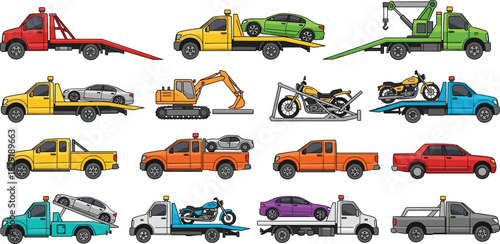 Tow trucks, recovery vehicles, flatbed transport, motorcycle hauling, construction equipment, roadside assistance, emergency towing, urban logistics, vehicle rescue, automotive service
