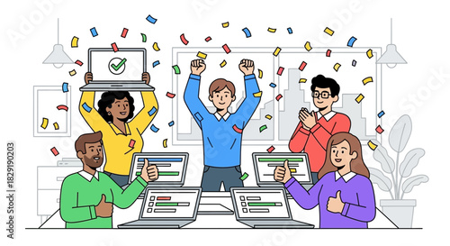 Successful project celebration with diverse team in modern office setting and confetti rain