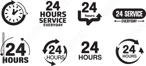 Open 24 hours service sign collection everyday vector illustration transparent