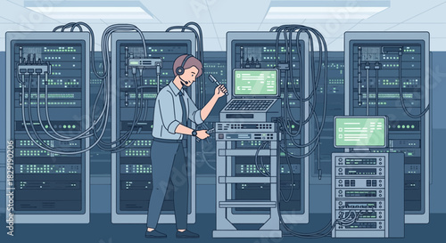 System administrator working on server maintenance in data center with a screwdriver in hand