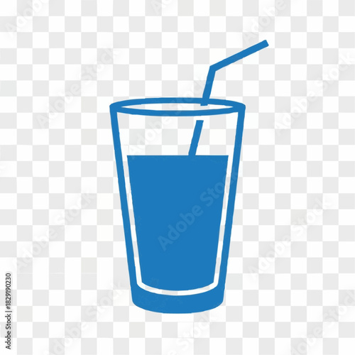 Blue icon of a glass filled with a beverage and a drinking straw.